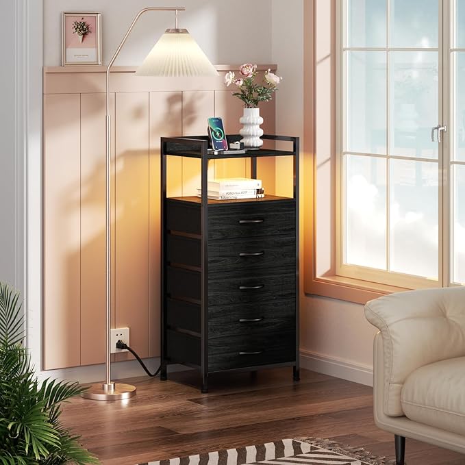 Furnulem Night Stand with Charging Station, Tall Black Dresser for Bedroom, N...