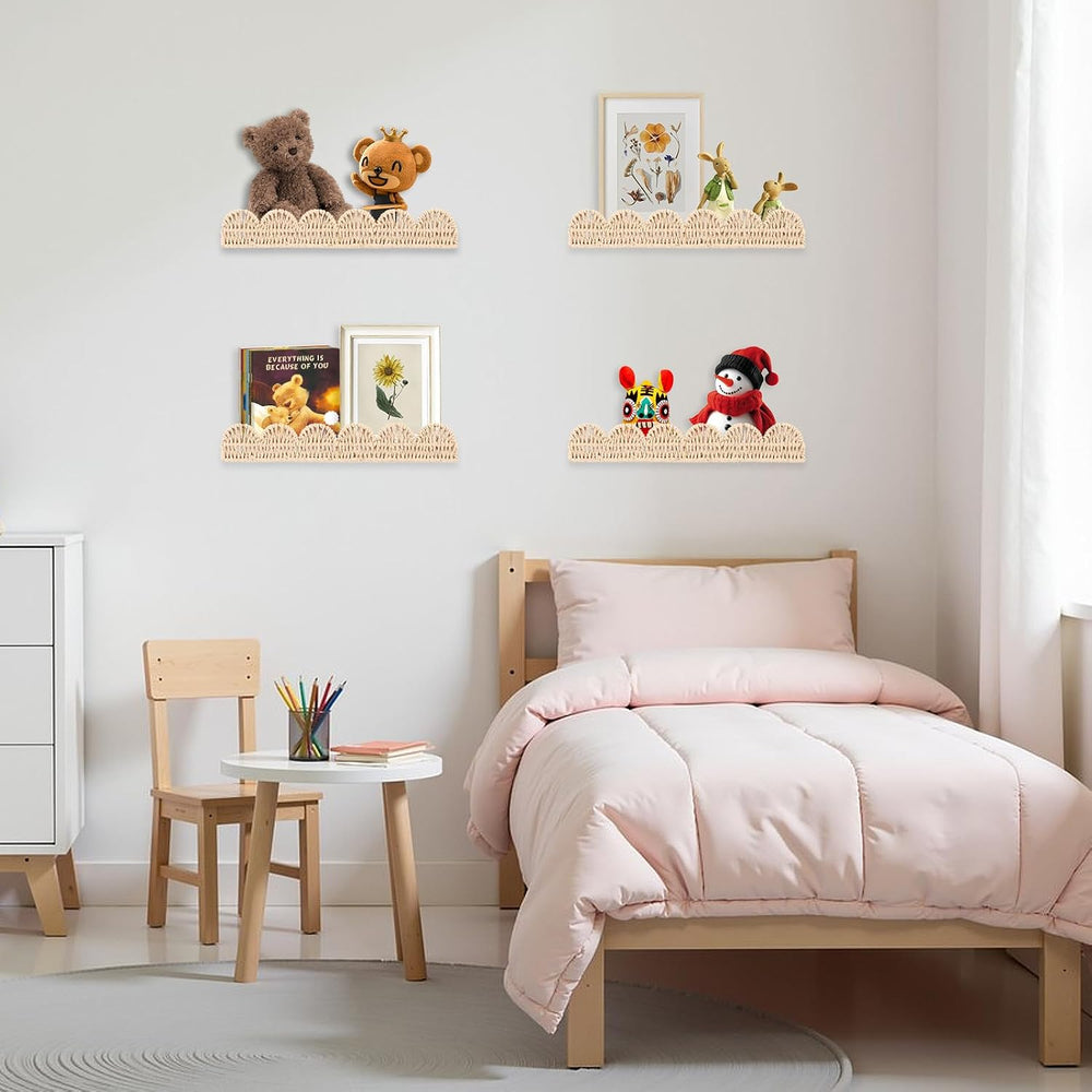 4 Pcs Scalloped Floating Shelves, Artisanal Natural Rattan Scalloped Book She...
