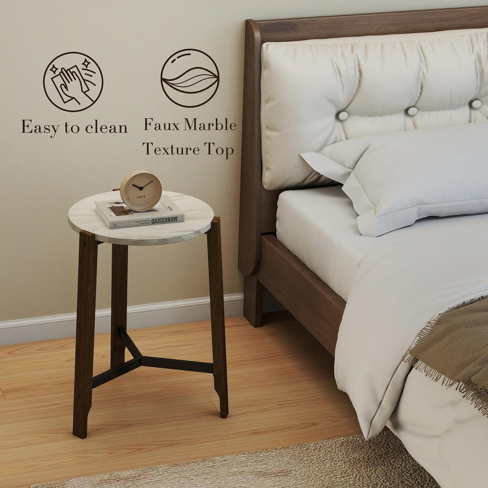 Modern White Round End Table, Side Table with Faux Marble Texture Top Industr...