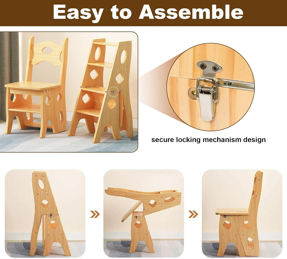 4 Step Foot Stool Chair 3 in 1 Wooden Library Ladder Solid Folding Portable W...