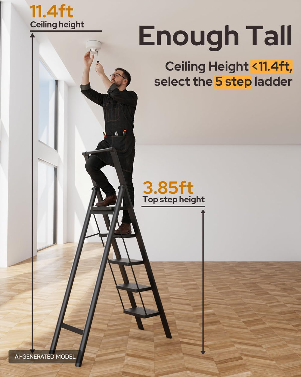 5 Step Ladder, Foldable 5 Step Stool, Black