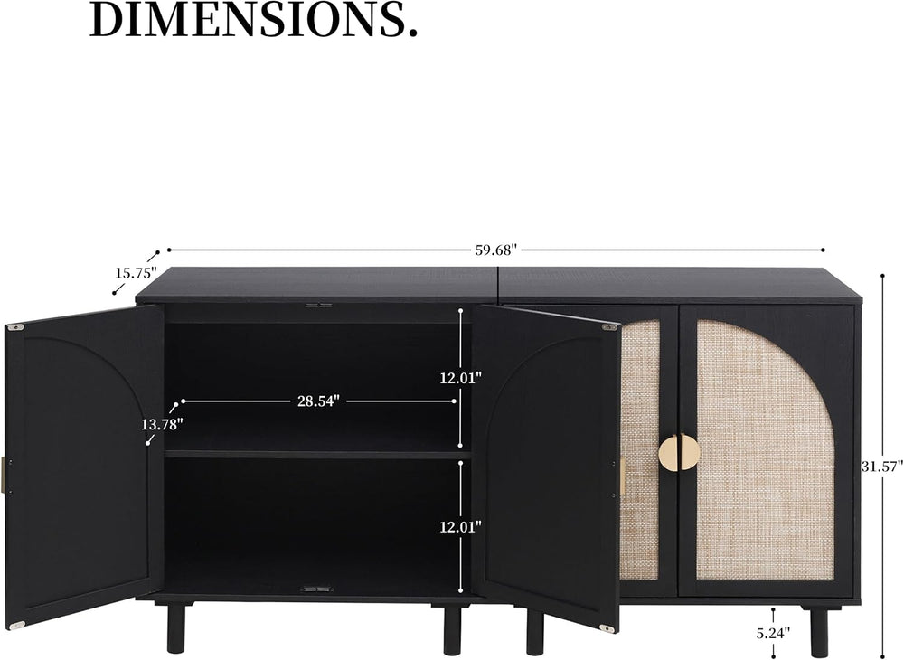 Modern Rattan Storage Sideboard Cabinet, Black Wood Buffet with Magnetic Latc...