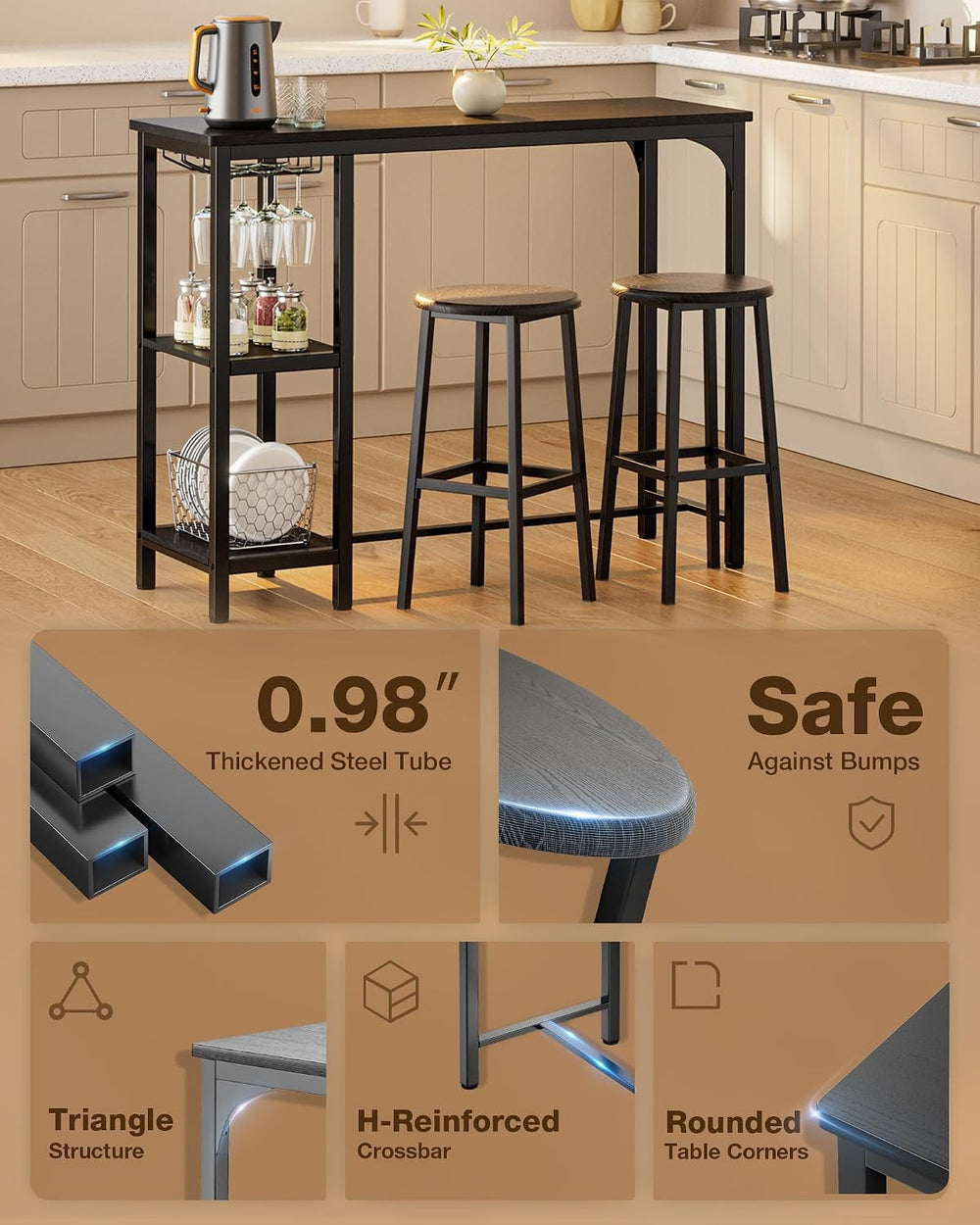 Qsun Small Bar Table Set for 2 | Kitchen Table for 2 with 2 Storage Shelves &...