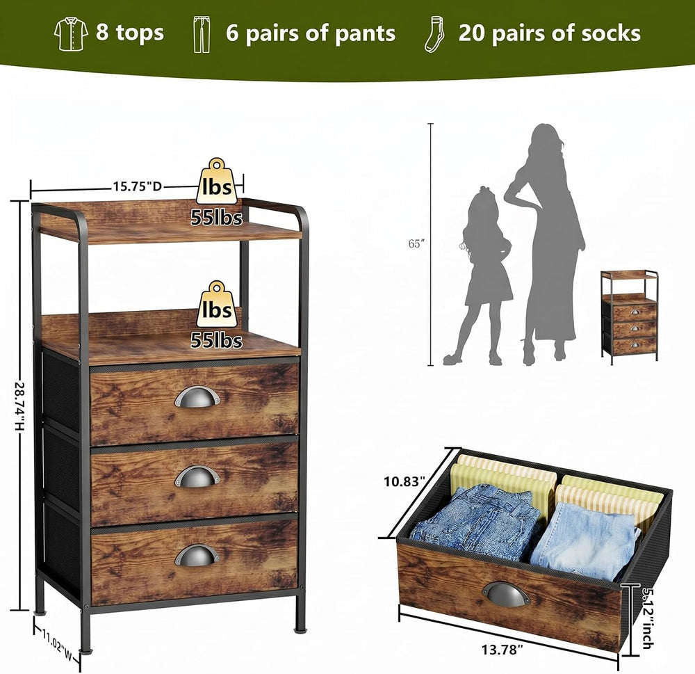 Night Stand Set 2, Nightstand with 3 Fabric Drawers and 2-Tier Shelf, Small D...