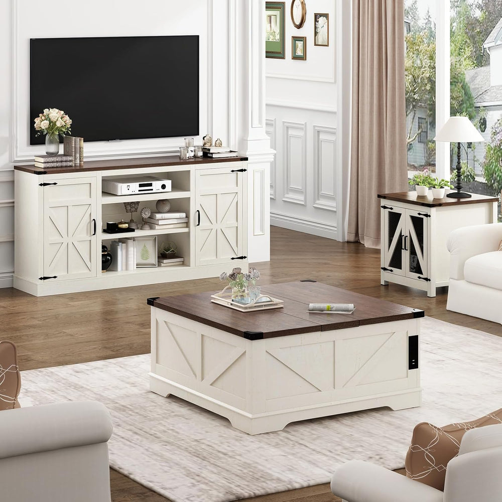 Hlivelood 66" Farmhouse TV Stand with Power Outlets for 75 Inch TVs, 33&...
