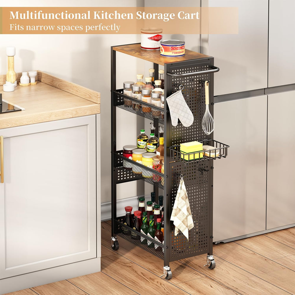 Slim Storage Rolling Cart: 4-Tier Narrow Metal & Wood Utility Cart with W...