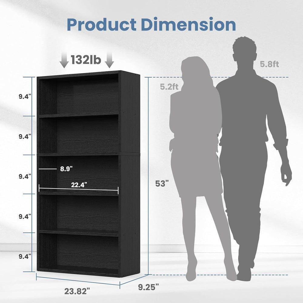 DUMOS 5-Tier Bookcase, 53 Inch Tall Open Bookshelf, Black