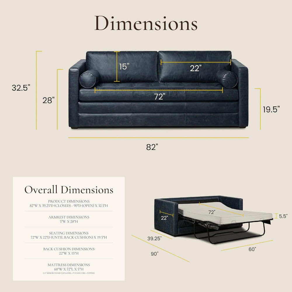Poly & Bark Napa 82" Leather Pull‑Out Sleeper Sofa – Full‑Grain Ital...