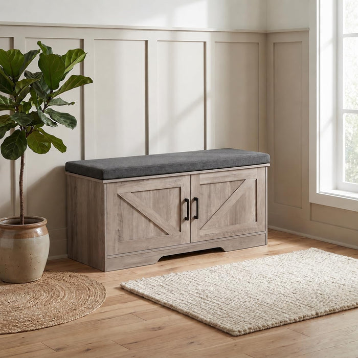 HOMSHO Farmhouse Shoe Storage Bench with 2 Barn Doors & Padded Seat Cushion