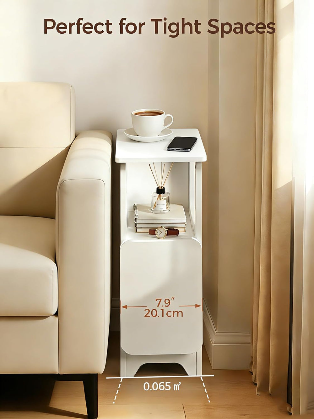Afuly Narrow Side Table Small End Tables Living Room, Skinny Slim White Moder...