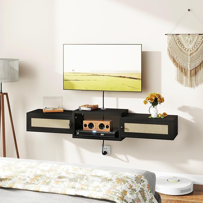 IBUYKE Modern Rattan Floating TV Stand with Doors,Wall Mounted TV Shelf for T...