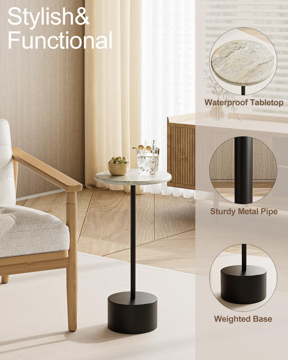 24'' Drink Pedestal Table, Round Martini Cocktail Table, Black | Mode...
