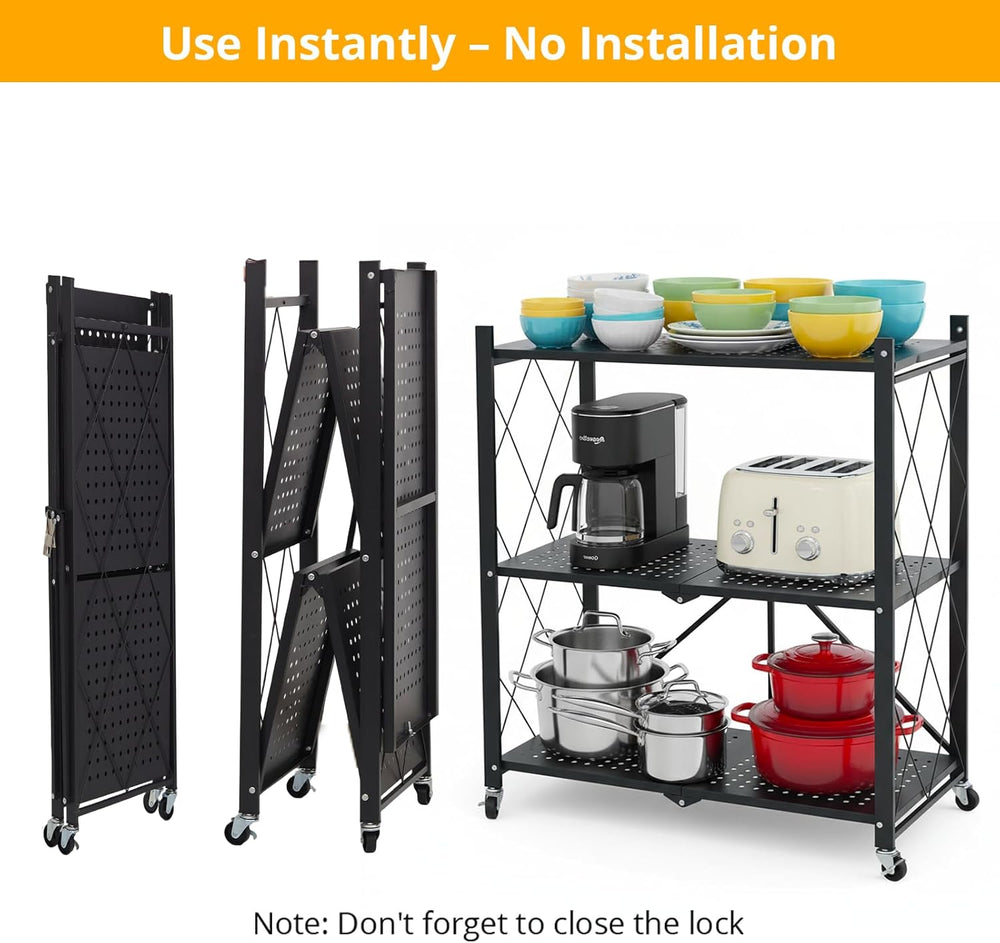 COKIHOM 3-Tier Folding Shelf, No Assembly Metal Shelving Unit with Wheels, He...