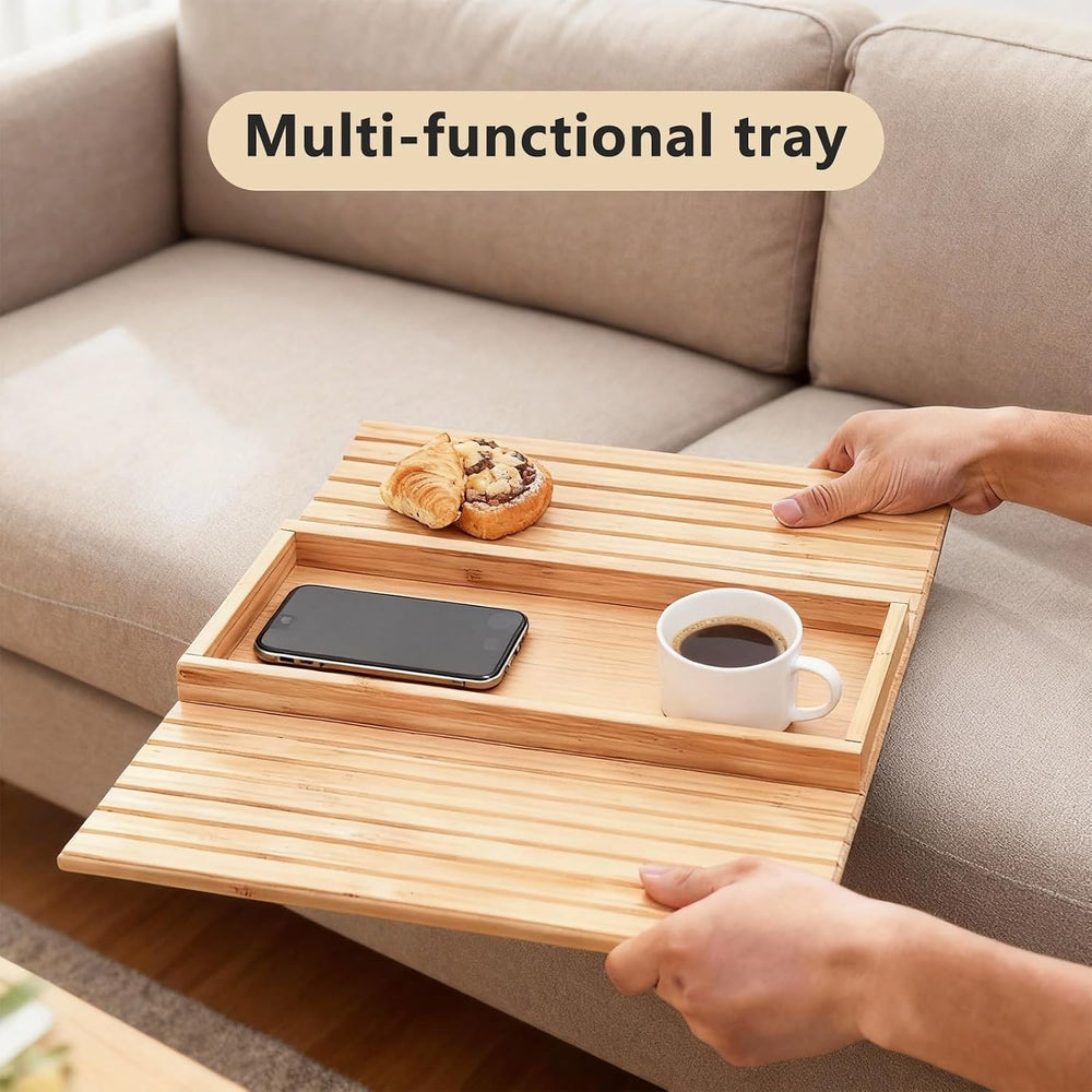 Bamboo Couch Arm Tray Table, Foldable Sofa Rest with Non-Slip Base Portable A...