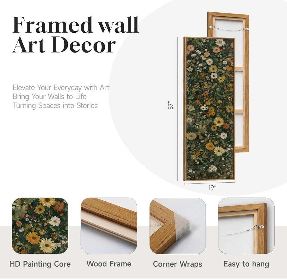 Large Framed Vintage Long Narrow Floral Wall Art for Living Room, 60x20 In