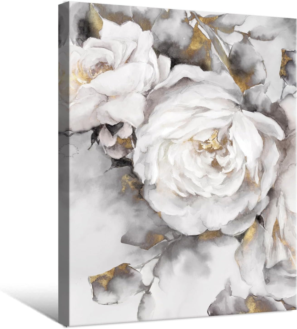 Floral Wall Decor White and Grey Blooming Rose Flower with Gold Canvas Wall A...
