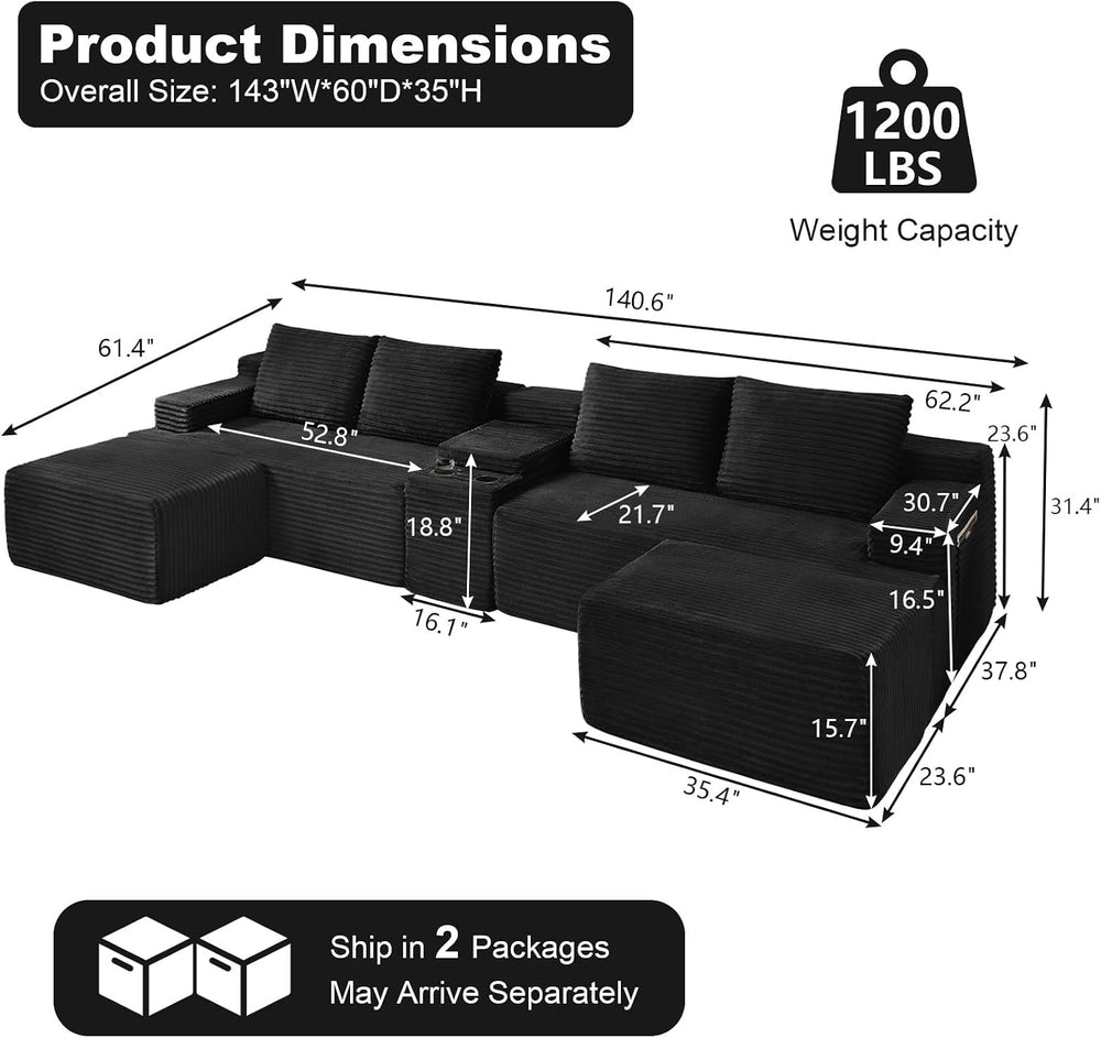 GNIXUU 140.6" Black Cloud Sectional Couches for Living Room | 2 Cup Hold...