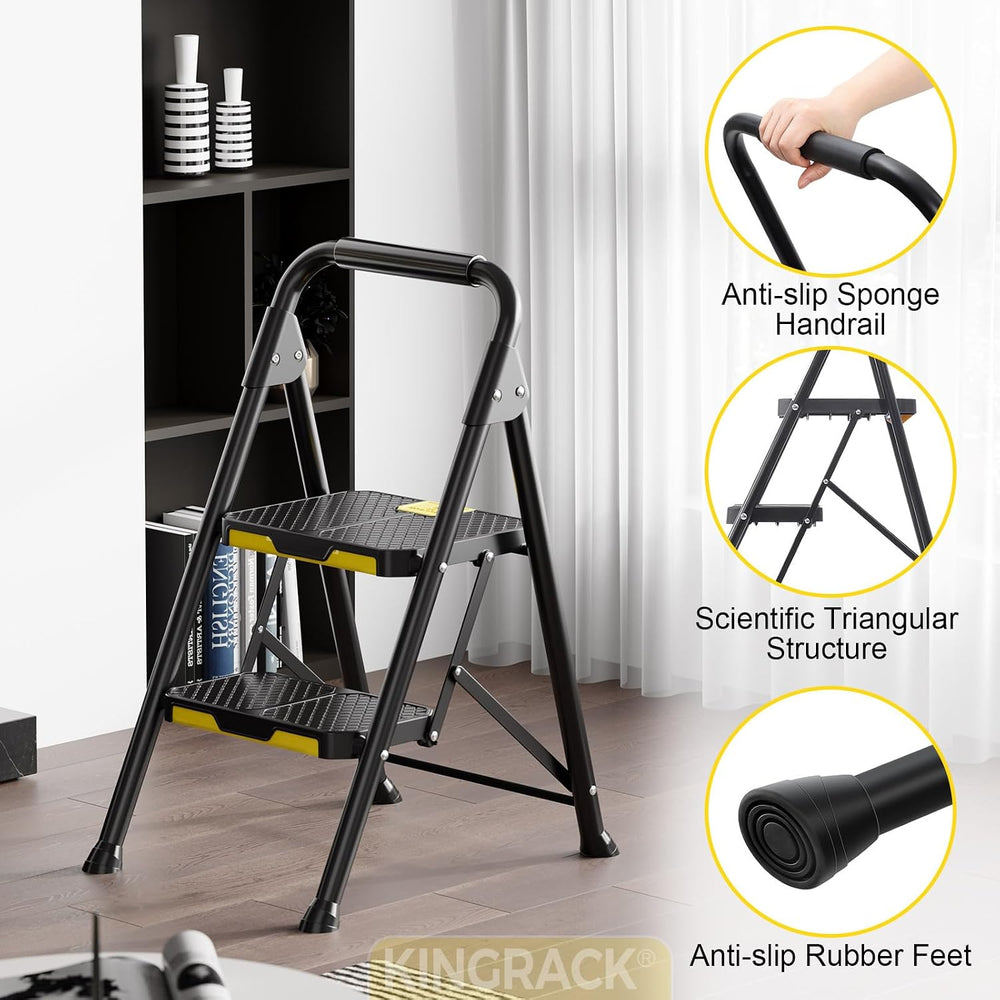 KINGRACK 2 Step Ladder, Sturdy Steel Step Stool with Safe-Lock Design, Handra...