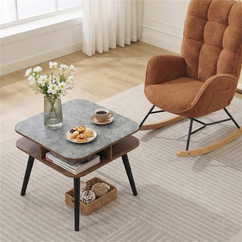 24" Square Faux Marble End Table with 4-Sided Storage Shelves | Nightsta...