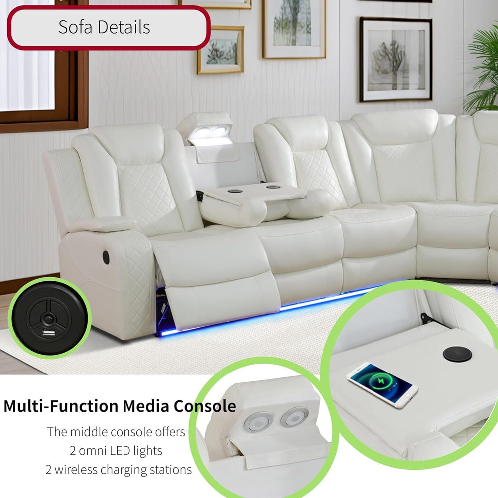 Power Recliner Sofa Sectional Sofa with LED Light for Living Room, Air Leathe...
