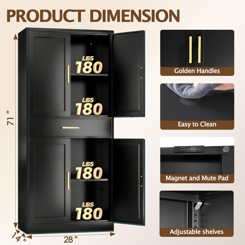 Kitchen Pantry Cabinet, 71”H Metal Storage Cabinet with 1 Drawer, Doors and 2...
