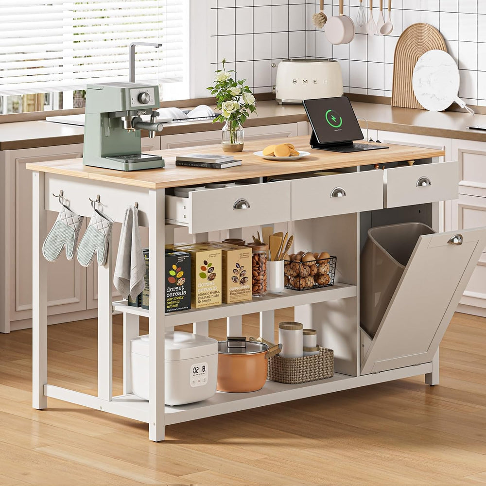 ONBRILL 59" Kitchen Island with Storage, Solid Rubberwood Tabletop | Isl...