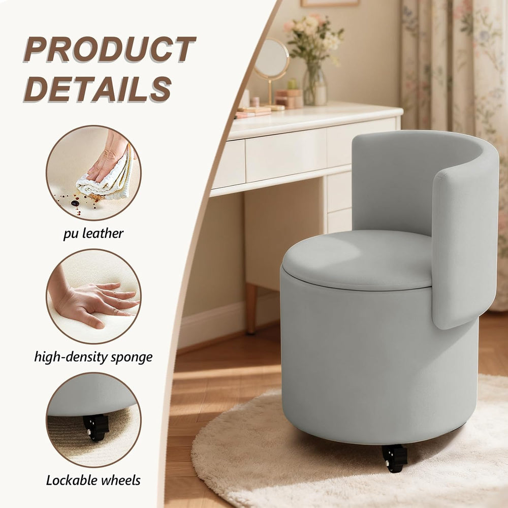 JPBSTO Rolling Round Vanity Chair with Storage, Swivel Makeup Chair with Fold...