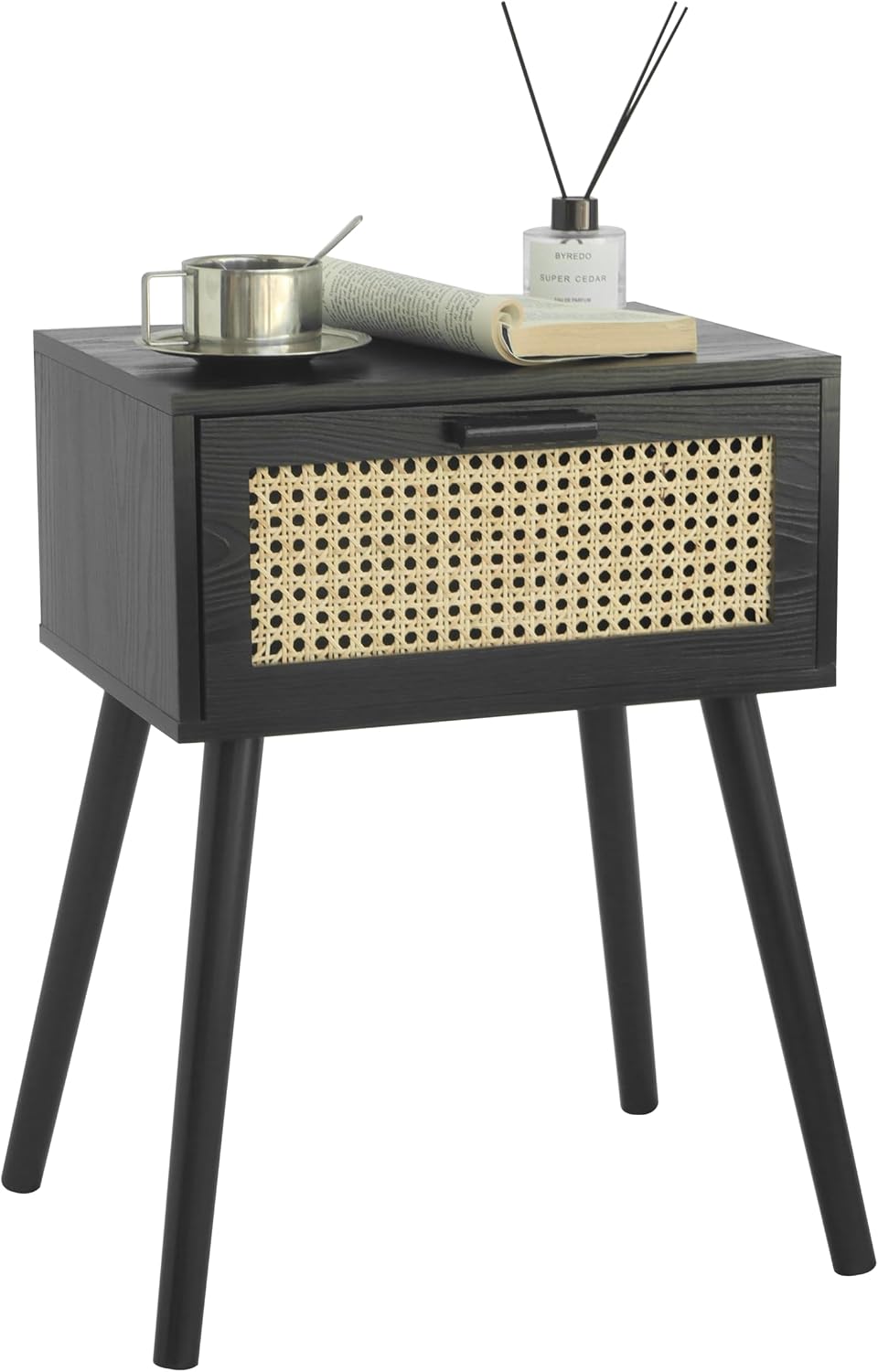 AWASEN Mid Century Modern Nightstand, Rattan Black Side Table with Drawer