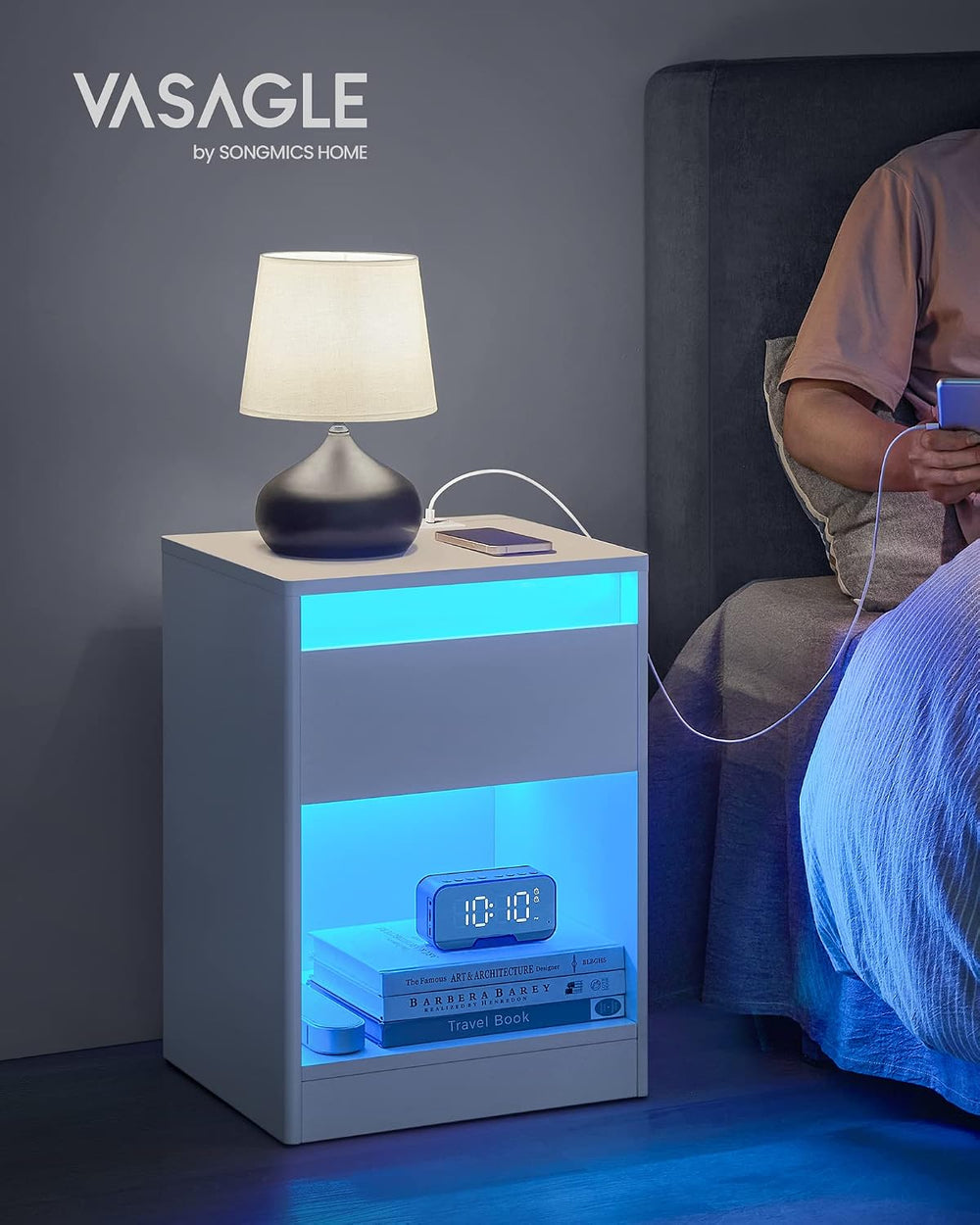 VASAGLE KAILYN Collection - LED Nightstand with Charging Station, 2 AC Outlet...