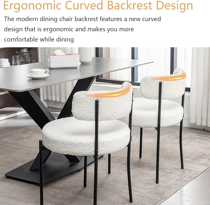 White Boucle Dining Chairs Set of 2, Upholstered Dining Room Chairs with Blac...