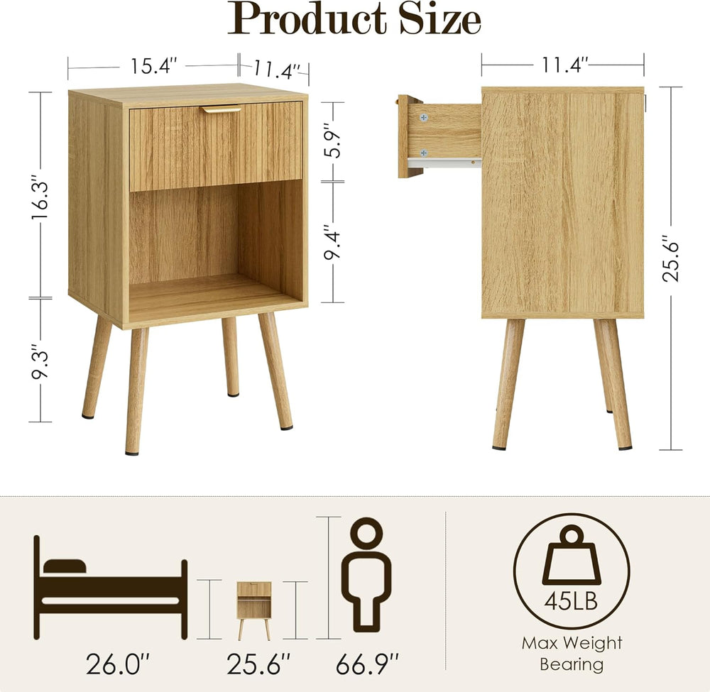 Oak Fluted Nightstand, Modern Bedside Table with Storage Drawer, Wood Night S...