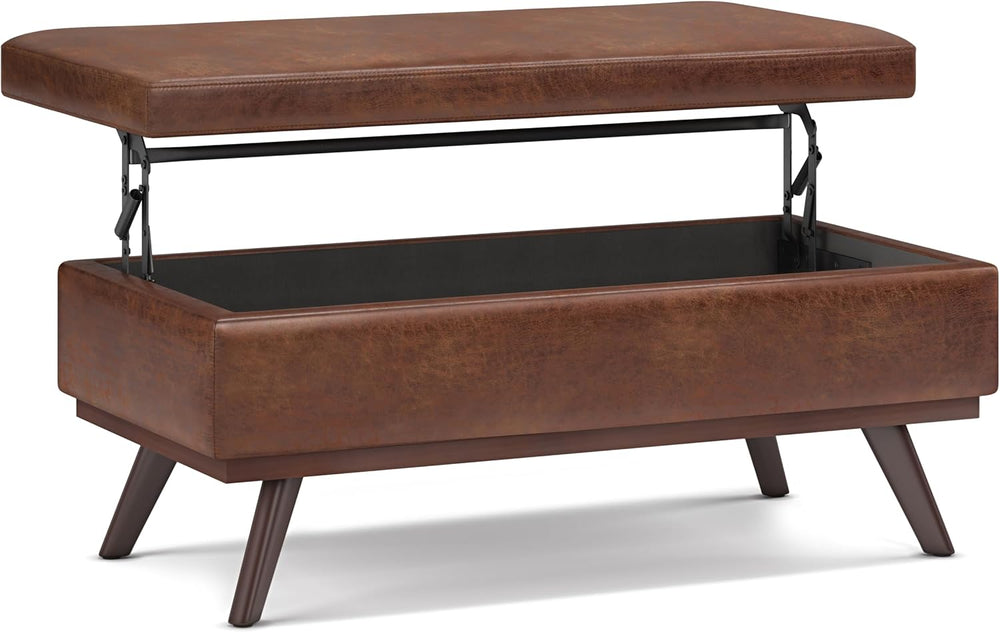 SIMPLIHOME Owen 42" Wide Vegan Leather Lift Top Ottoman in Saddle Brown ...