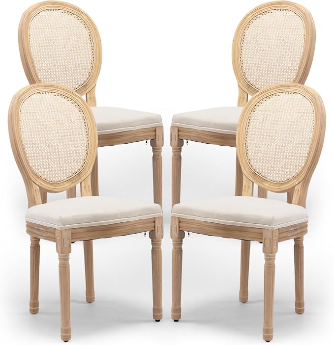 Rattan Back Upholstered Dining Chairs Set of 4 French Country Oval Kitchen Si...