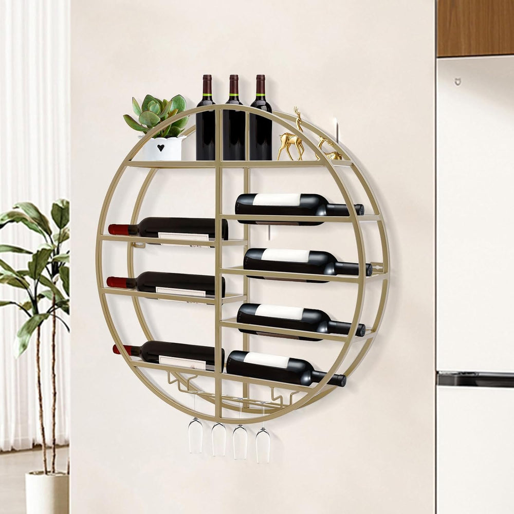 Wall Mounted Wine Rack with Glass Holder, Gold Metal Bottle Holder Round Wine...