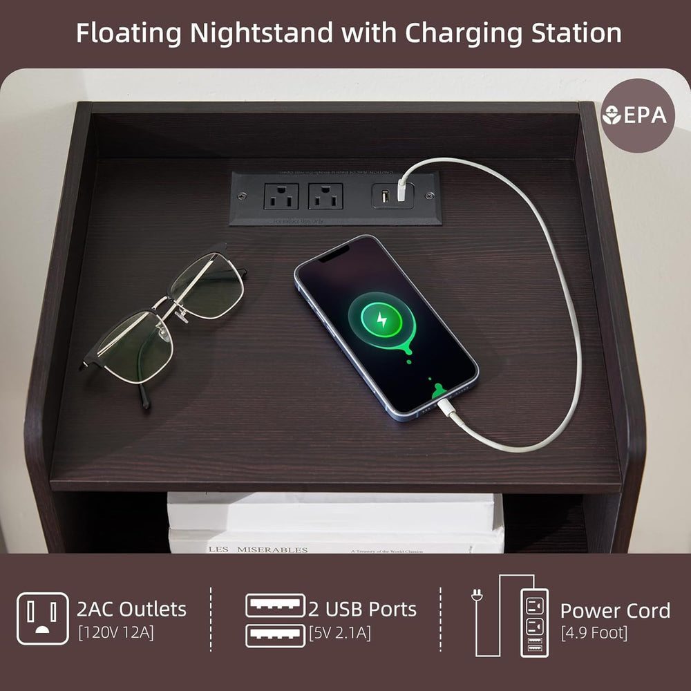 Modern Fluted Floating Nightstand Wall Mounted - Bedside Table with Storage D...