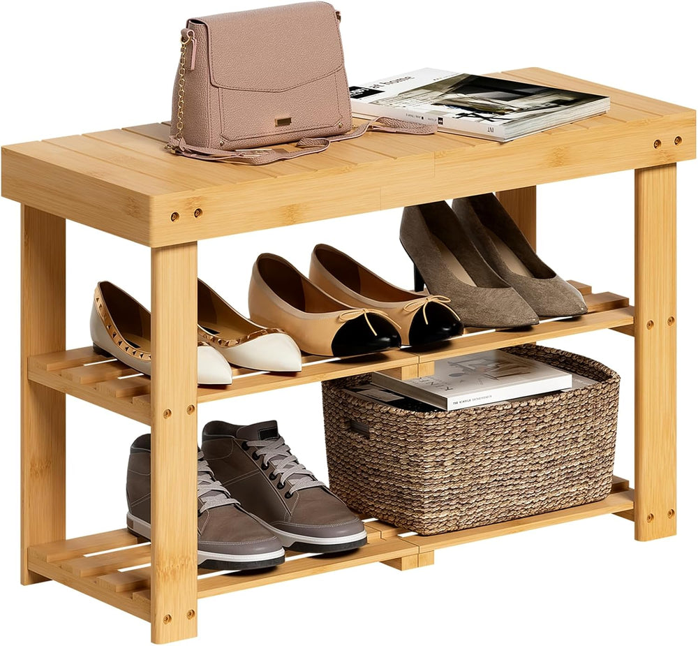 BAMBUROBA Bamboo Shoe Rack Bench, 3-Tier Entryway Bench, Small Shoes Storage ...