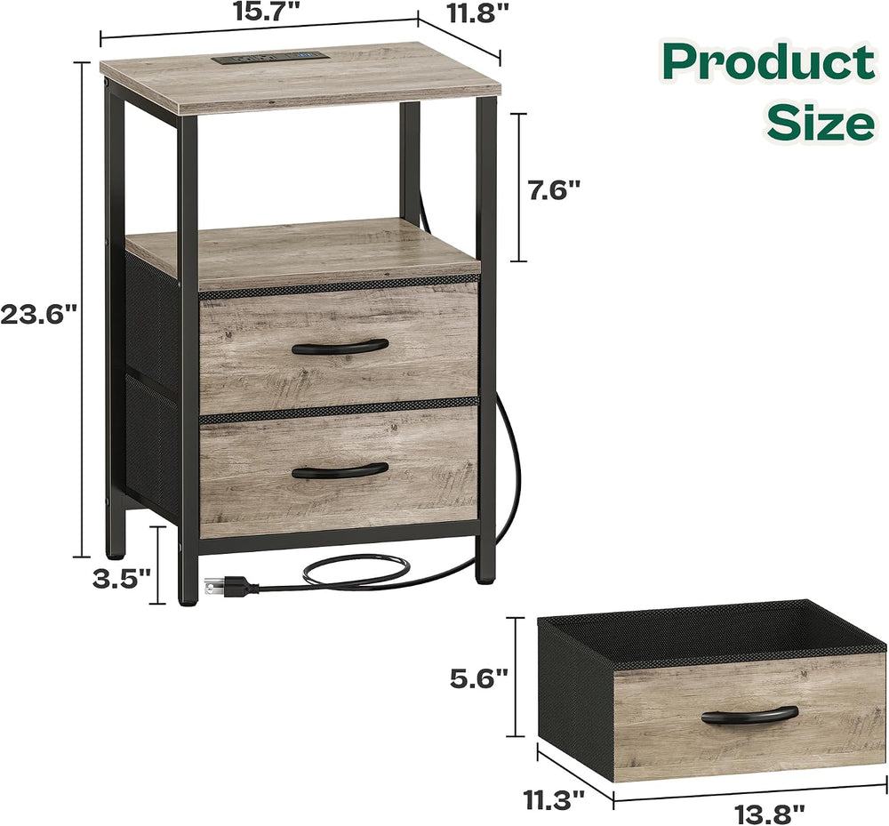 Huuger Night Stand with Charger Station and LED Lights, 2 Drawer Nightstand, ...