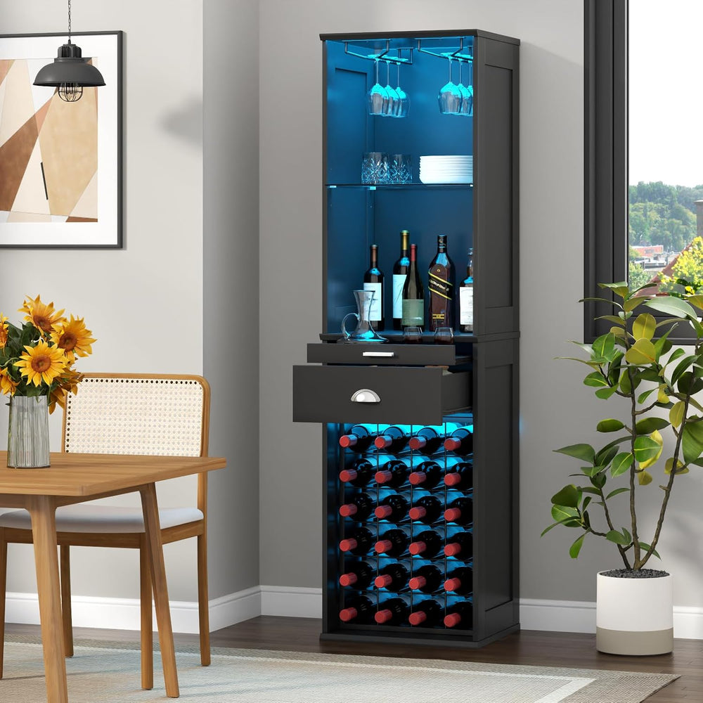 Wine Bar Cabinet w/LED Lights, 65'' Tall Coffee Bar w/24 Wine Rack