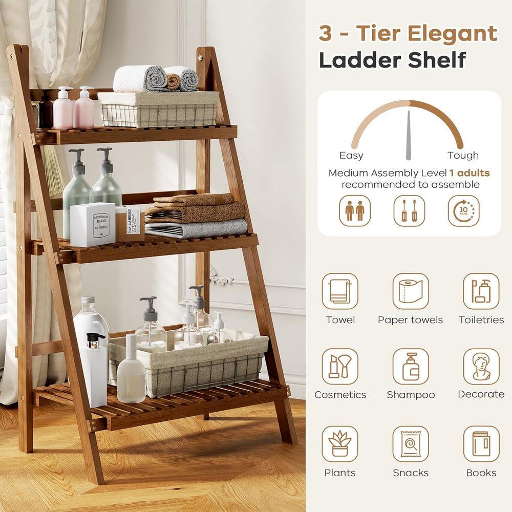 Bamboo Ladder Shelf 3-Tier Foldable Plant Stand, 23.6"W x 15"D x 39...