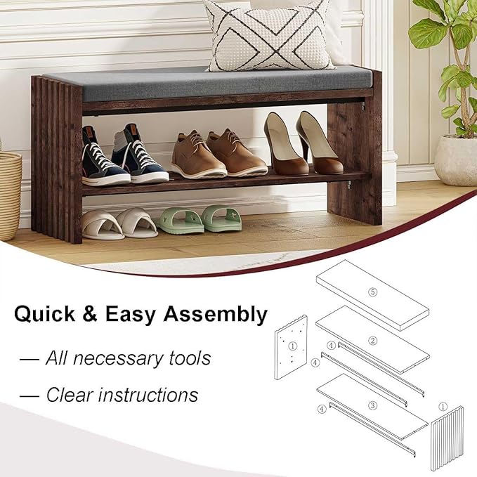 BON AUGURE Entryway Bench with Shoe Storage, 2-Tier Shoe Rack Bench with Cush...
