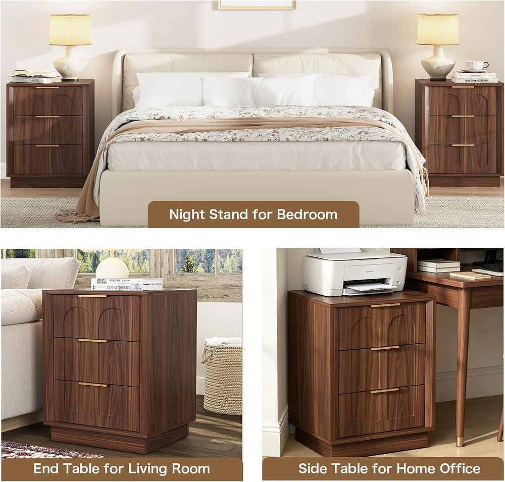 Nightstands Set of 2, Mid Century Modern 3 Drawer Bedside Tables with Arched ...