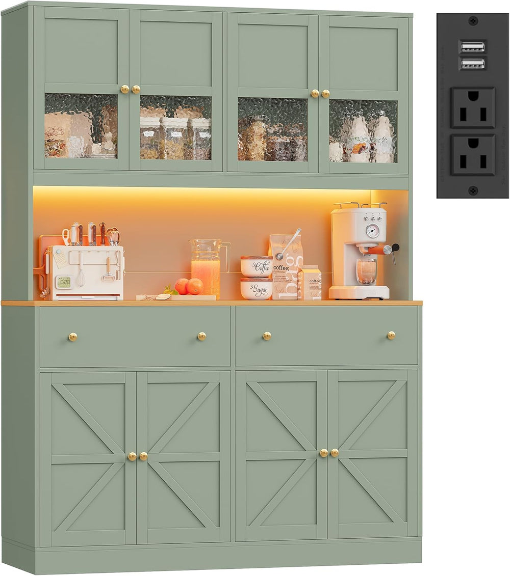 FINETONES 71" Pantry Cabinet with LED Light and Charging Station, Farmho...