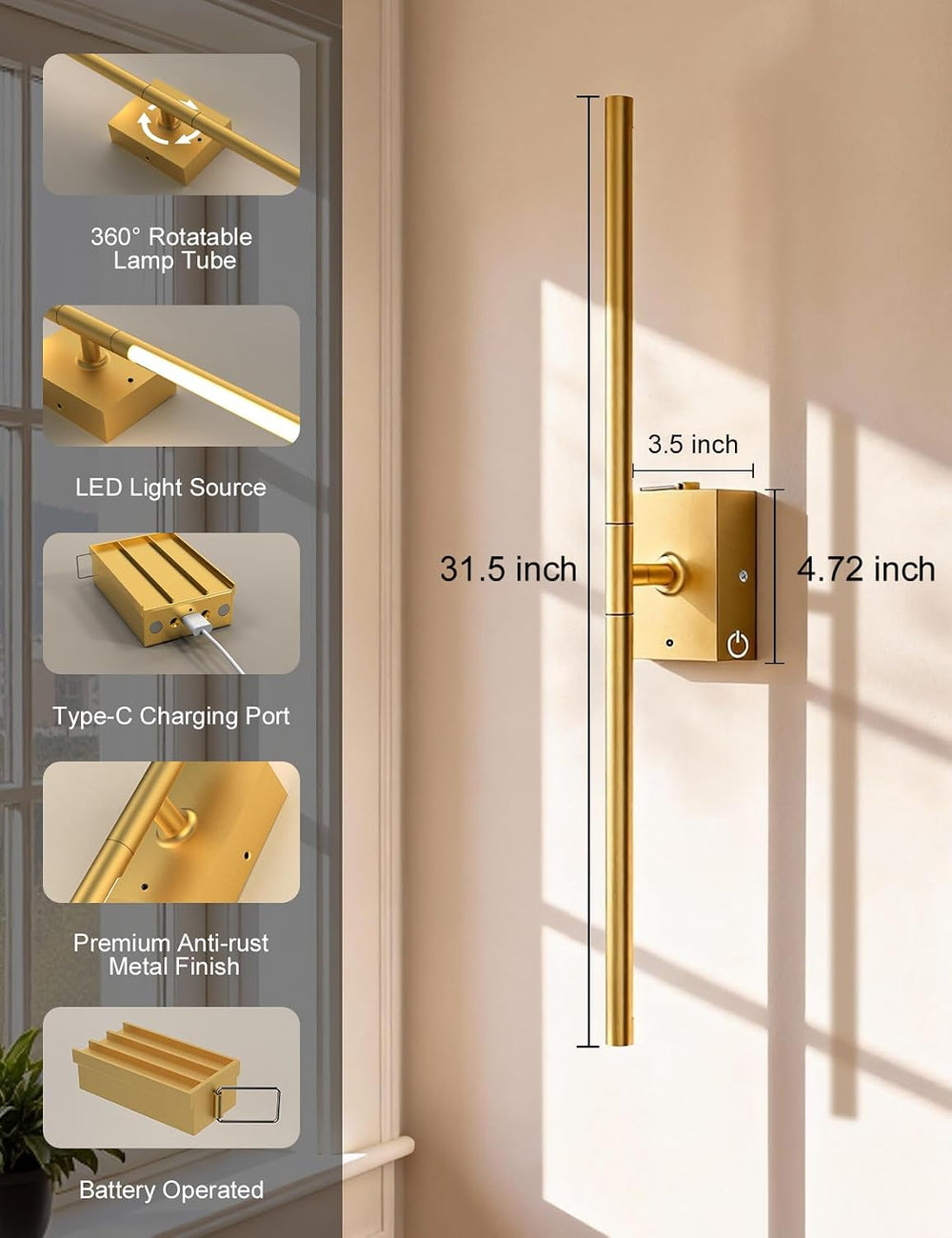 Battery Operated Wall Sconces Set of 2, Wireless Rechargeable Wall Lights
