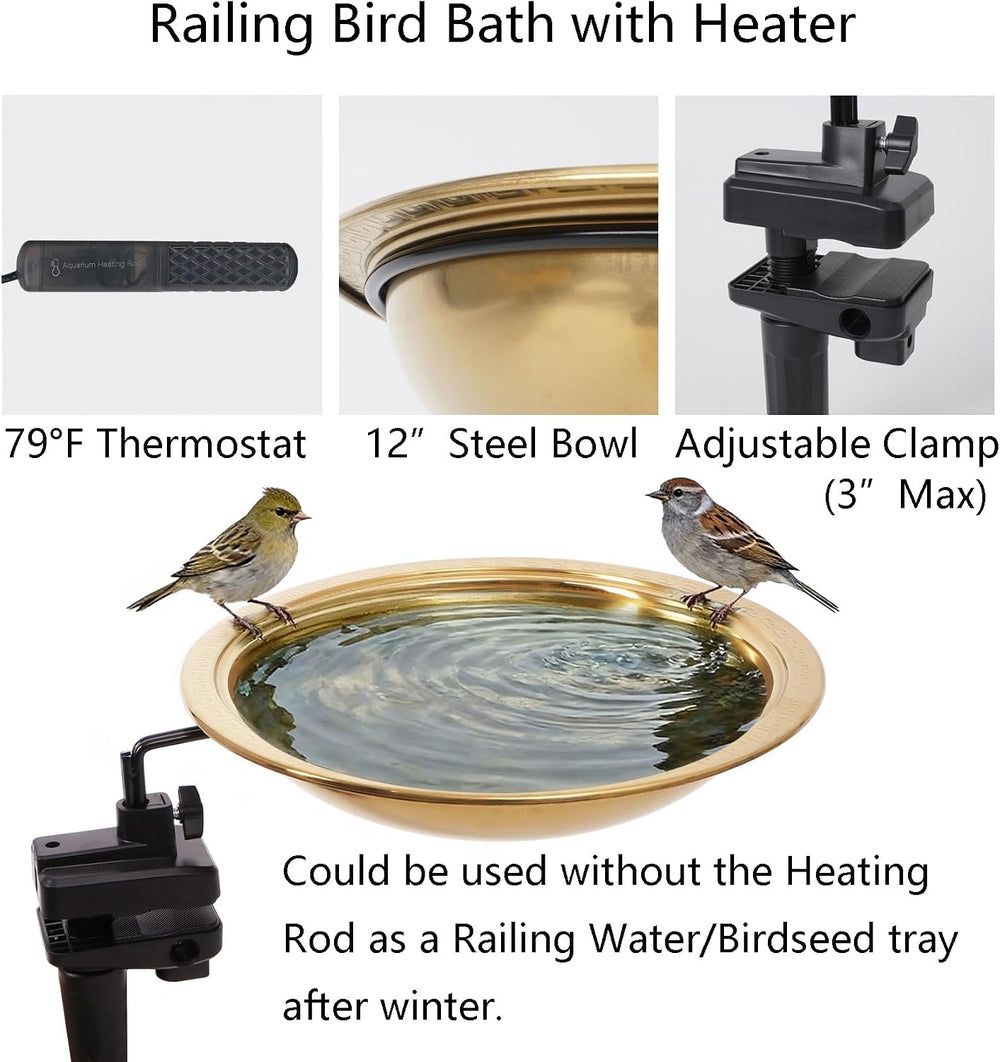 12" Diameter 2.6" Deep Bird Bath with 3" Clamp & Heater Ra...