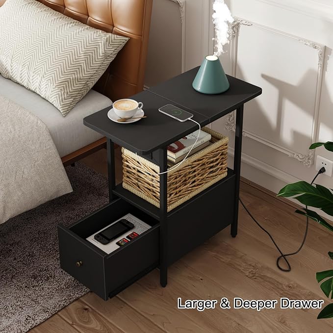 LIDYUK End Table with Charging Station, Narrow Side Table with Drawer and USB...