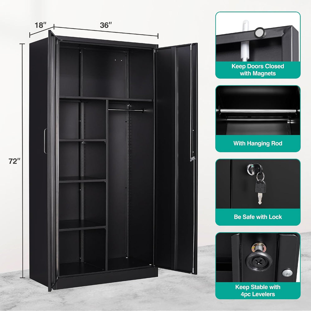 Metal Wardrobe Cabinet with Lock,72" Armoire Closet with Hanging Rod,Loc...