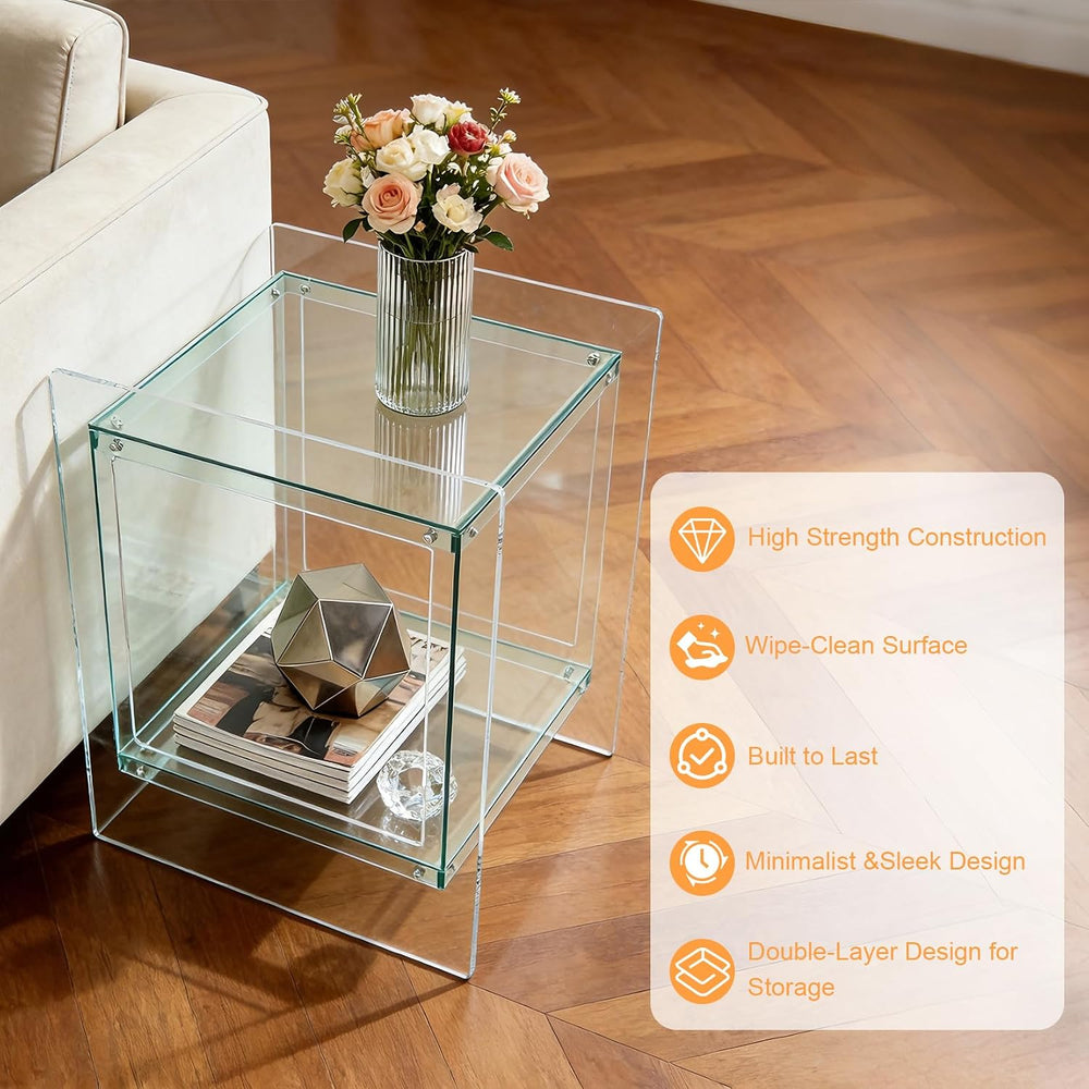 Acrylic End Table Light-Green: 2 Tier Clear Accent Desk Small Nightstand Set