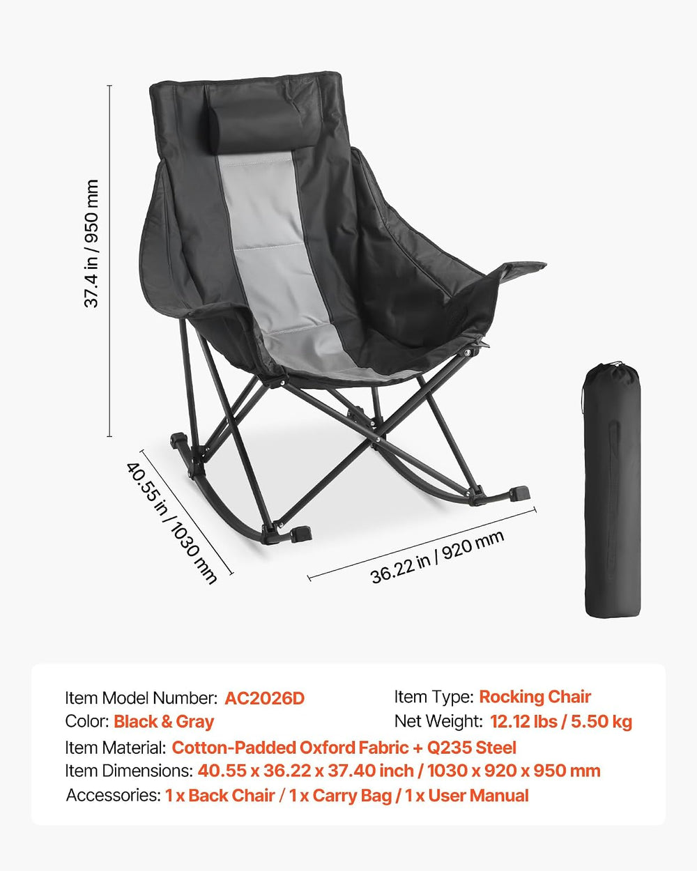 VEVOR Heated Camping Chair, 3 Heating Settings, Large-Sized Padded Folding Ro...