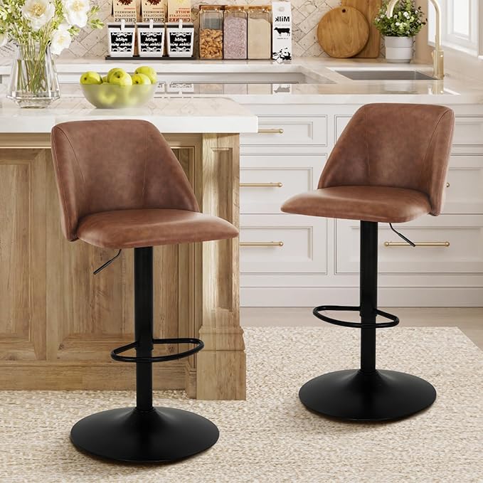 COLAMY Bar Stools Set of 2, Modern Swivel Bar Chairs, Adjustable PU Leather U...