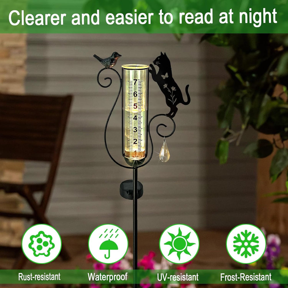 Rain Gauge Outdoor Decorative,Metal Black Cat Solar Lights Outdoor Garden